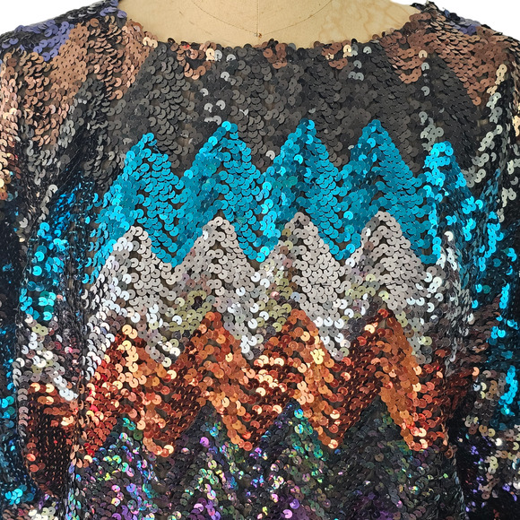 VTG Joy Stevens multi sequin chevron dolman top blouse evening bling Small - Picture 2 of 8
